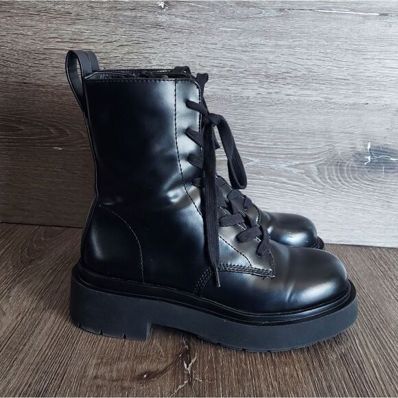 H&M Black Faux Leather Combat Style Lace Up/ Zip Platform Boots Sz 5 (37 EU) - Picture 1 of 9